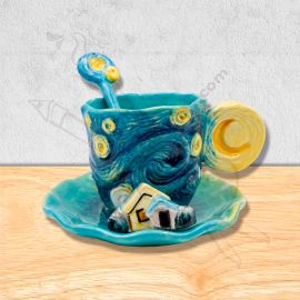 TAZA DE VAN GOGH CON CUCHARA Y PLATO - NOCHE ESTRELLADA
